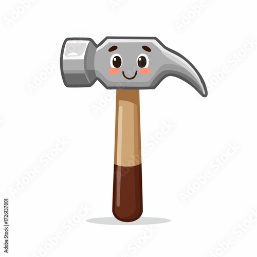 Illustration of a cartoon hammer with a gray head and a brown wooden handle smiling cutely with blush