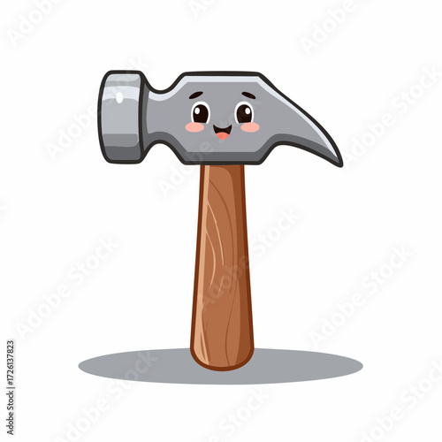 Illustration of a cartoon hammer with a wooden handle and a gray metal head and a happy face design