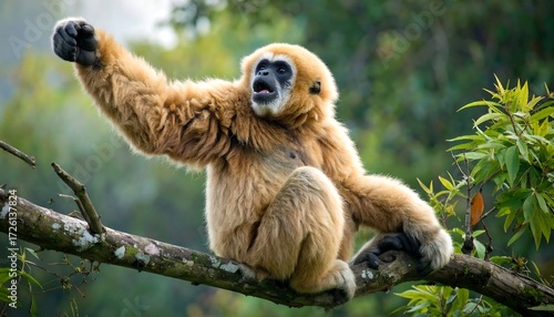 Wallpaper Mural Gibbon sits on branch raising one arm up, mouth open, against lush green background Torontodigital.ca