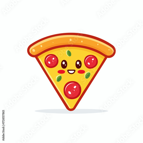 A cute cartoon pizza slice with pepperoni and basil smiling on a white background illustration image