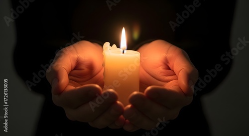 Close-up of hands holding lit candle, warm glow, dark and blurred background.