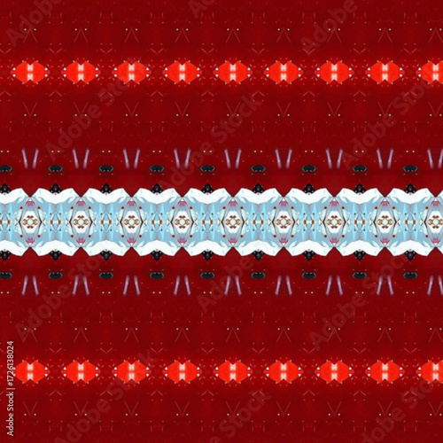 Geometric kaleidoscopic pattern with bold red and blue symmetry, forming a striking abstract, symmetry, pattern, design, and decorative digital background.