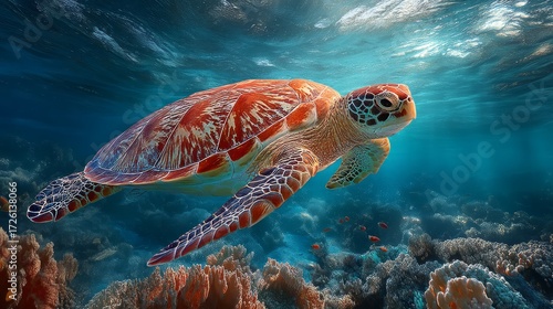 Fototapeta Naklejka Na Ścianę i Meble -  Majestic Sea Turtle Swimming in Vibrant Coral Reef Underwater Scene