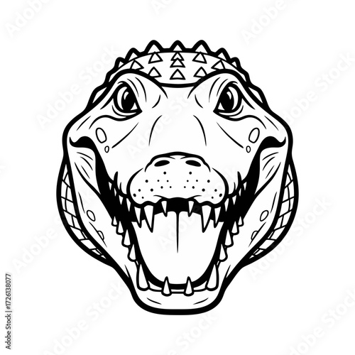 Black and white vector illustration of a crocodile head. Front view. Plain white background.