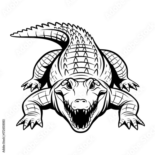 
Black and white vector illustration of a crocodile. Front view. Plain white background.
