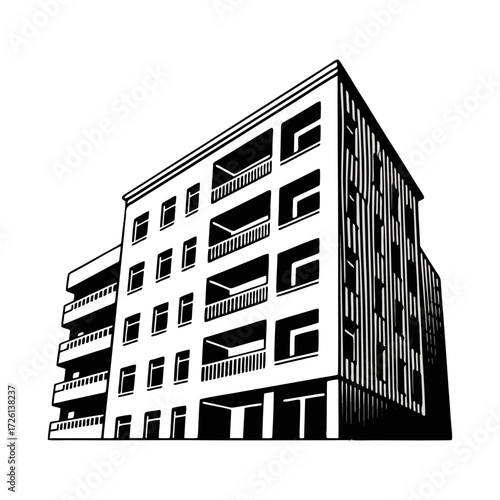 Black and white vector illustration of a high-rise building. Plain white background.