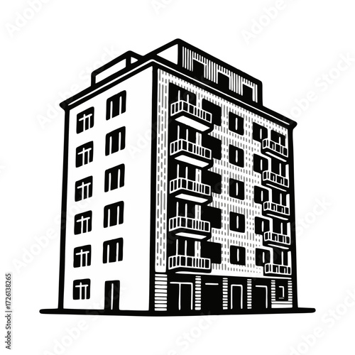 Black and white vector illustration of a high-rise building. Plain white background.