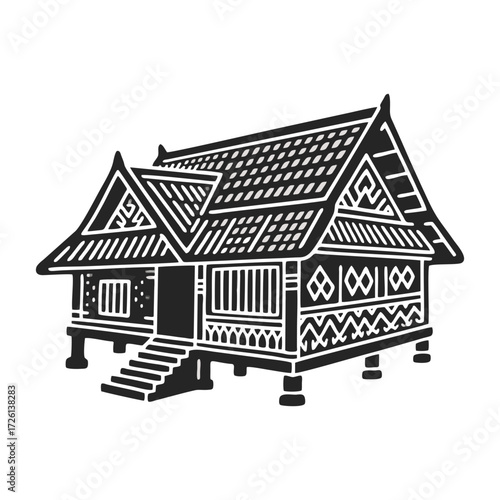 Black and white vector illustration of a traditional Indonesian stilt house. Plain white background.