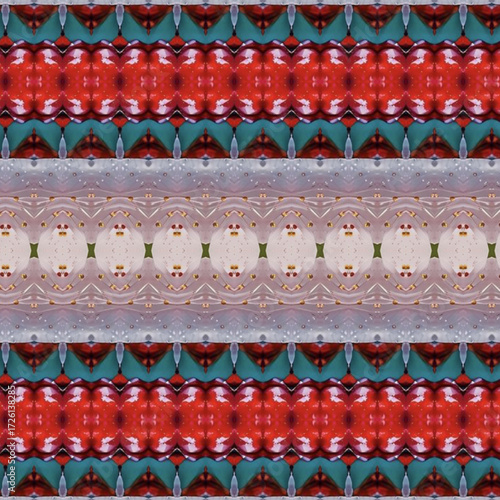 Symmetrical abstract pattern with red, teal, and soft tones forming a kaleidoscope effect. Perfect for abstract, pattern, texture, symmetry, and design themes.
