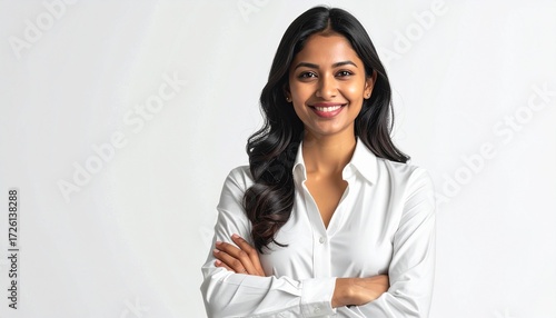 Confident and professional young Indian woman with a warm smile and arms crossed, exuding positivity and a welcoming demeanor against a bright white background