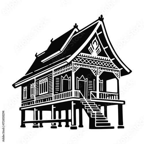 Black and white vector illustration of a traditional Indonesian stilt house. Plain white background.