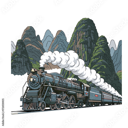 vector illustration of a locomotive train with smoke coming out of its chimney passing through the karst mountains of China. Plain white background.