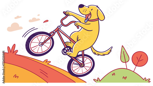 Dog riding bike vector illustration funny animal cartoon character bicycle cycling outdoor sport canine pet ride fun