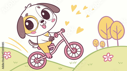 Cute cartoon dog riding bicycle vector illustration for kids and children books design and print art