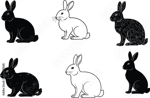 Set of black and white rabbit illustrations in different styles, hand drawn bunny silhouettes and outlines for Easter animal design