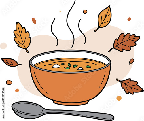 Warm bowl of soup surrounded by autumn leaves with steam rising  