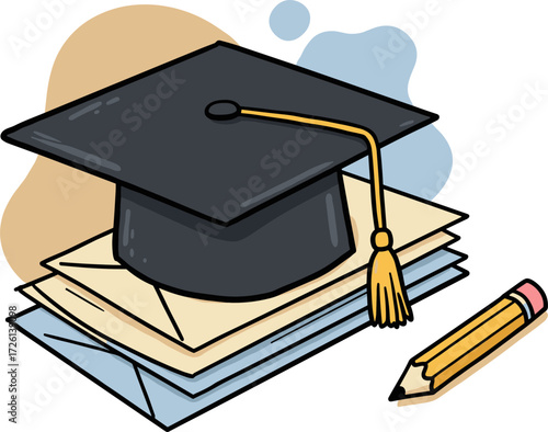 Graduation cap placed on a stack of papers with a pencil beside it, concept of flat style with outline, transparent background, illustrating education theme  