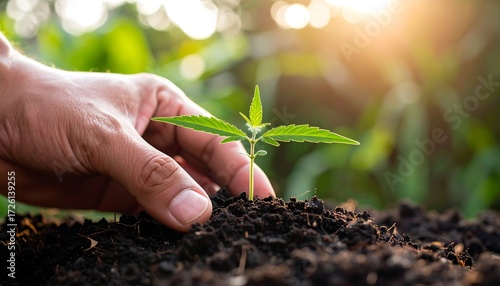 Wallpaper Mural Hand planting a small, green seedling into dark soil, with a sunlit green background Torontodigital.ca