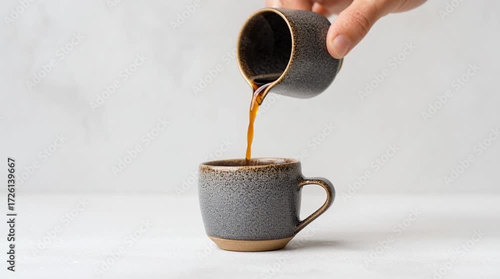 Pouring dark liquid into a gray ceramic mug held by a hand against a plain white background scene