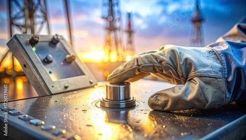 A gloved hand presses a button on a control panel with an industrial offshore platform and sunset in the background.