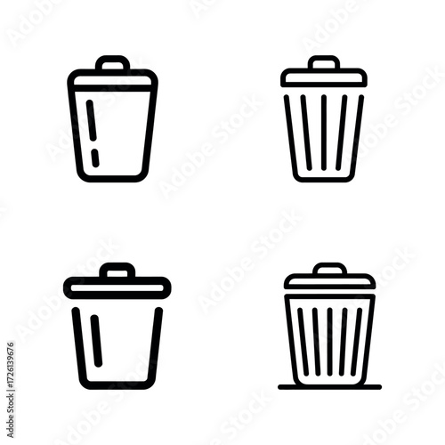 Collection of outline trash can icon set isolated on a clean white background