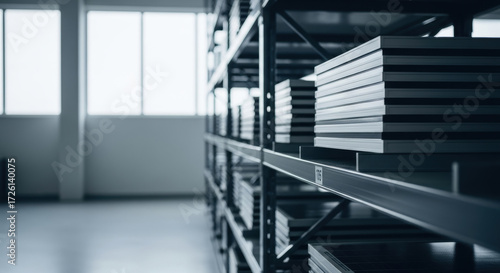 Organized metal shelving with stacked sheets in bright spacious warehouse interior, industrial storage racks in modern supply chain distribution center