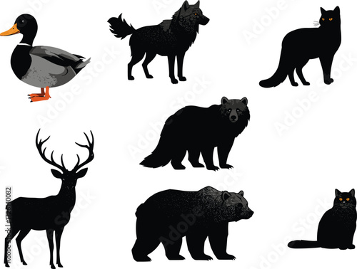 Wildlife animals illustration featuring bear, wolf, deer, duck, and black cats in silhouette and detailed style for nature design