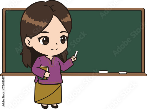 Female teacher pointing at blackboard classroom illustration. World Teachers Day