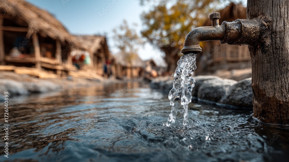 Fototapeta premium Rustic Water Faucet Flowing into Tranquil Stream in Peaceful Village Setting