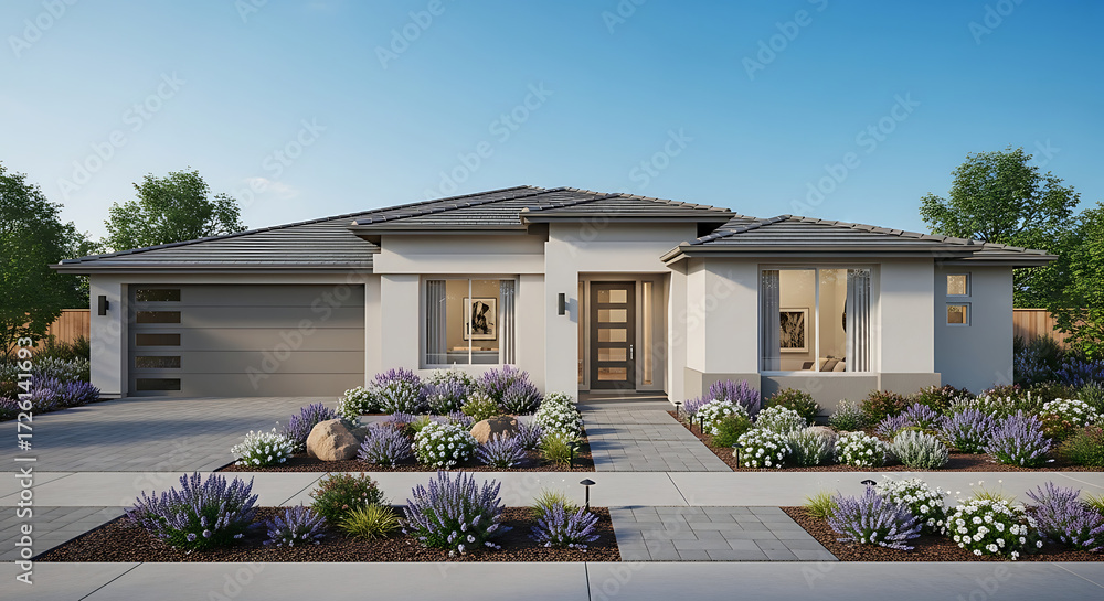 Fototapeta premium A modern, single-story home with a clean, minimalist design. Features a grey roof, white stucco exterior, and landscaping with drought-tolerant plants. Attached garage and inviting entryway.