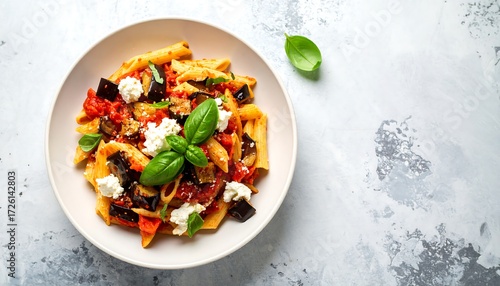 Pasta dish with eggplant, tomato sauce, cheese, and basil leaves in a white bowl