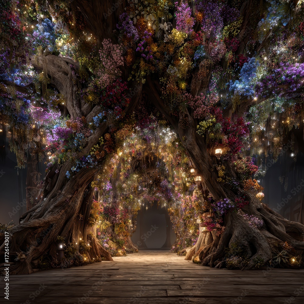 Obraz premium Enchanted Forest Gateway - Luminescent Flora Ancient Tree.