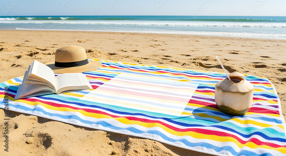 Obraz premium Beach towel spread on sand with straw hat, book, and coconut drink — empty space for text overlay