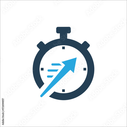Stopwatch with upward arrow symbolizes efficiency and speed in business, indicating progress and achievement, conveying a sense of urgency and success.