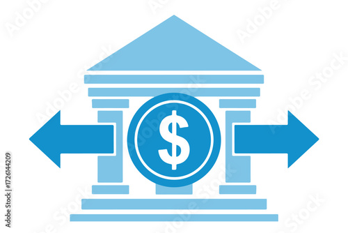 Blue icon of a bank building with dollar sign and arrows indicating money flow, isolated on Transparent Background