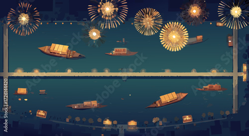 Nocturnal Celebration: Captivating illustration of a vibrant night scene. Floating boats and dazzling fireworks illuminate a serene river, evoking a sense of wonder and joyous celebration.