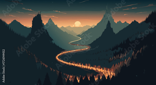 Mountain Pass at Sunset: A majestic mountain landscape is cast in the warm glow of sunset, with a winding road leading towards the horizon.
