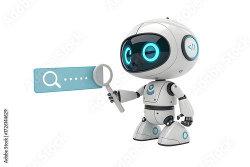 Cute robot holding a magnifying glass searching for information online