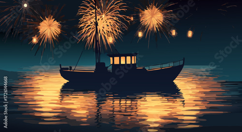 Nighttime Boat with Fireworks: The silhouette of a fishing boat sets sail at night under a colorful fireworks display reflecting on the calm water, a scene filled with celebration.
