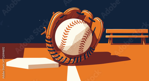 Baseball and Glove: A meticulously crafted illustration showcasing a baseball snug within a leather glove, set against the backdrop of a baseball field.