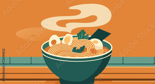 Steaming Ramen Bowl: A visually appealing, meticulously illustrated bowl of steaming ramen, complete with perfectly cooked noodles, savory broth, and artfully arranged toppings.