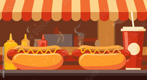 Hot Dog Stand Temptation: A vibrant illustration of a classic hot dog stand, showcasing delicious hot dogs and refreshing drinks, ready to satisfy the appetite.