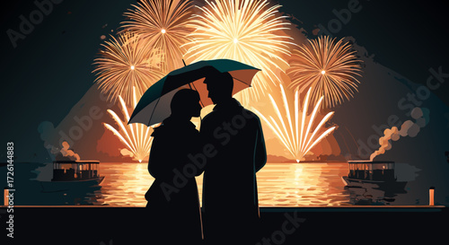 Night of Fireworks: A silhouette of a couple standing under an umbrella, bathed in the glow of a spectacular fireworks display over a tranquil body of water, evoking romance and celebration.