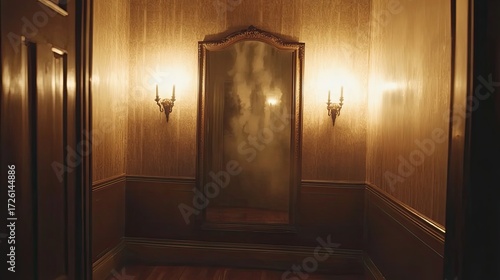 A smoky room with a large ornate mirror shows a ghostly shadowy figure reflected, adding a supernatural presence to the dimly lit Victorian-style interior. Generative by AI