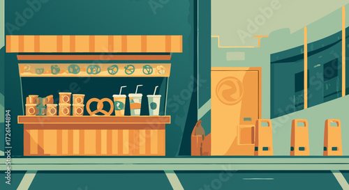 City Snacks: An artistic illustration showcases a vibrant snack stand nestled against a backdrop of an urban landscape, capturing the essence of casual dining and refreshing moments.