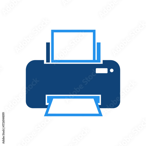 Blue printer printing document in office environment showing technology and efficiency in modern workspace.