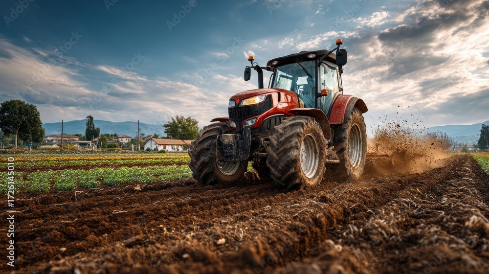 Obraz premium Powerful Red Tractor Working on a Vibrant Field Under Dramatic Sky