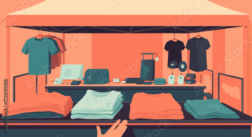 Street Stall Apparel: A vibrant illustration showcases an open-air stall laden with colorful T-shirts.