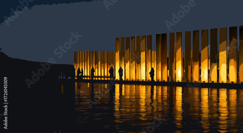 Evening Architectural Harmony: Architectural silhouettes stand in contemplation against the reflective glow of a water body.
