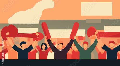 Enthusiastic Celebration: A vibrant illustration captures a lively crowd, each figure energized with spirit. Their raised hands enthusiastically brandish oversized objects. A shared moment of revelry.